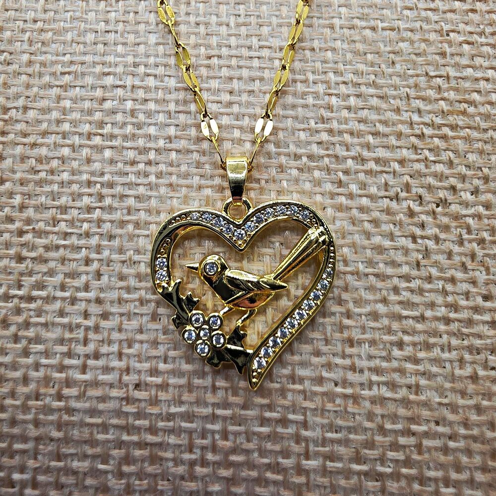 18K Gold Plated Bird on Branch Heart Pendant Necklace CZ Nature Love Jewelry